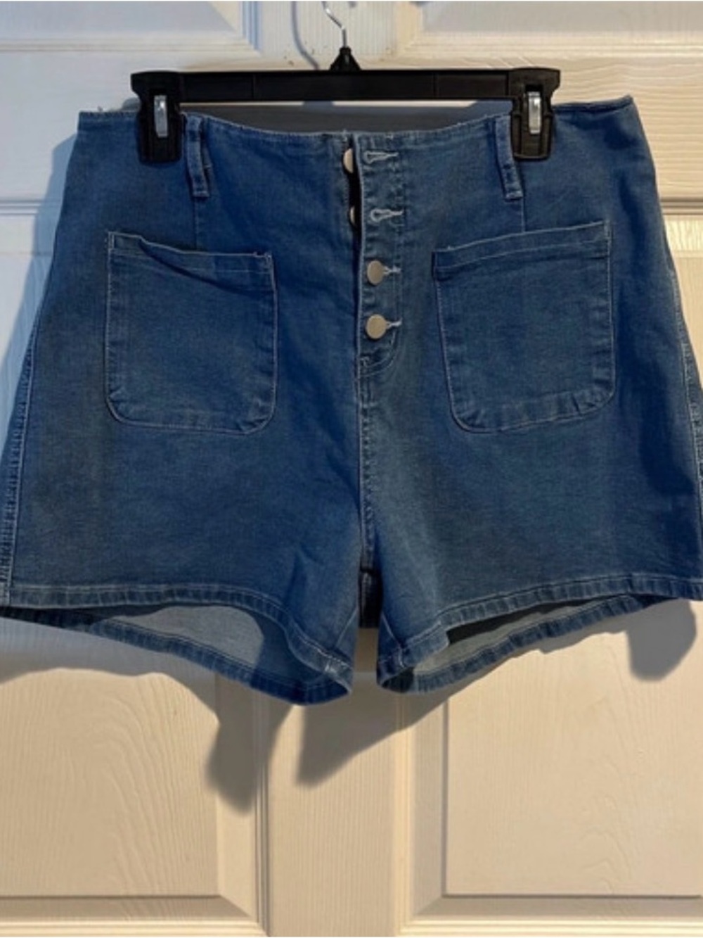 High-Rise Front-Button Denim Shorts in Blue